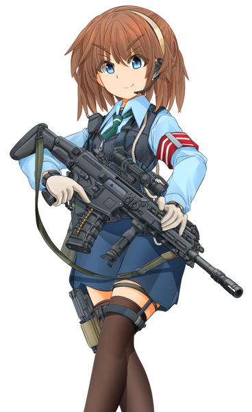 Anime picture 1050x1710 with original mikeran (mikelan) single tall image looking at viewer fringe short hair blue eyes simple background smile hair between eyes brown hair standing white background holding >:) trigger discipline policewoman girl thighhighs