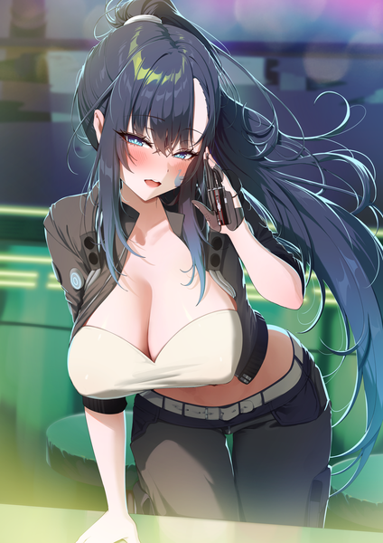 Anime-Bild 1412x2000 mit original yampa single long hair tall image blush breasts open mouth blue eyes light erotic black hair large breasts payot cleavage ponytail head tilt blurry midriff girl navel