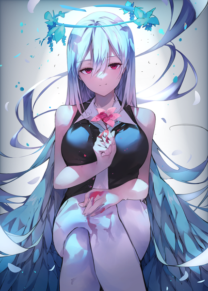 Anime picture 2500x3500 with original w (w64851564) single tall image looking at viewer fringe highres hair between eyes red eyes sitting holding silver hair very long hair sleeveless crossed legs girl flower (flowers) wings halo