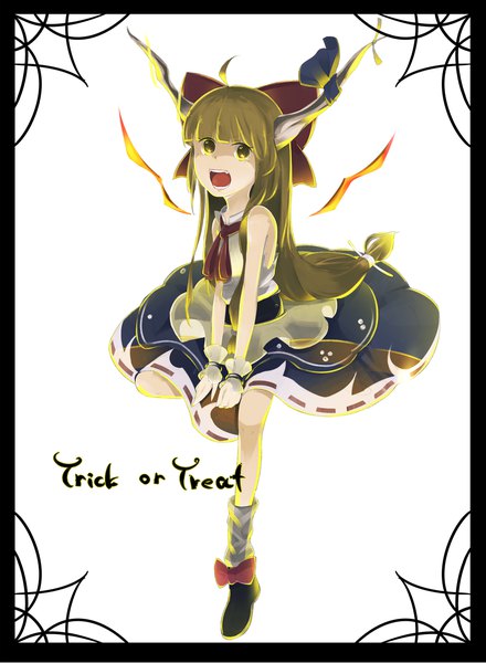 Anime picture 1064x1450 with touhou ibuki suika crazyoton46 single tall image looking at viewer fringe open mouth simple background blonde hair white background yellow eyes ahoge blunt bangs horn (horns) low ponytail halloween framed trick or treat girl