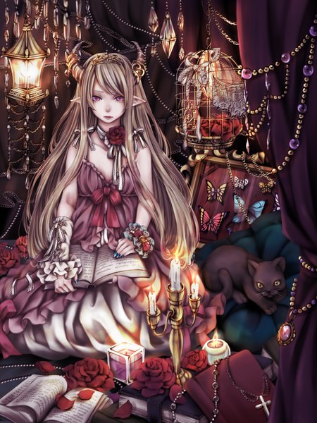 Anime picture 1200x1600 with original nejimaki oz single long hair tall image looking at viewer blonde hair sitting nail polish pink eyes horn (horns) pointy ears girl dress flower (flowers) bow animal petals bracelet rose (roses)