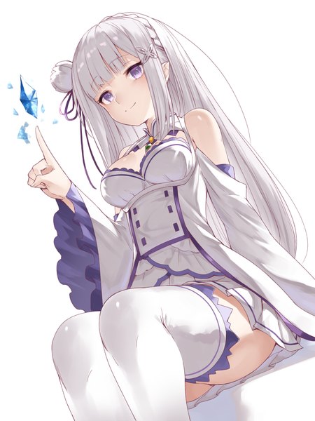 Anime picture 1500x2000 with re:zero kara hajimeru isekai seikatsu white fox emilia (re:zero) yuuuuu single long hair tall image looking at viewer fringe light erotic simple background white background sitting purple eyes silver hair bent knee (knees) blunt bangs braid (braids) pleated skirt hair flower