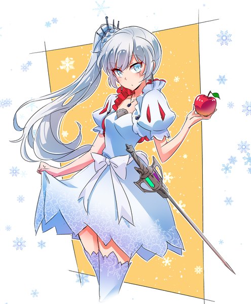 Anime picture 1280x1553 with rwby snow white and the seven dwarfs rooster teeth weiss schnee iesupa single long hair tall image looking at viewer blue eyes simple background silver hair zettai ryouiki puffy sleeves side ponytail scar outline adapted costume girl thighhighs