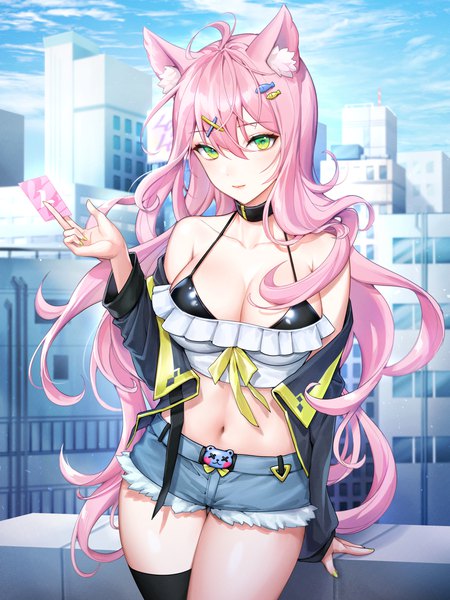 Anime picture 3000x4000 with original clearpage single long hair tall image looking at viewer fringe highres breasts light erotic hair between eyes large breasts standing holding green eyes animal ears pink hair sky cleavage cloud (clouds)