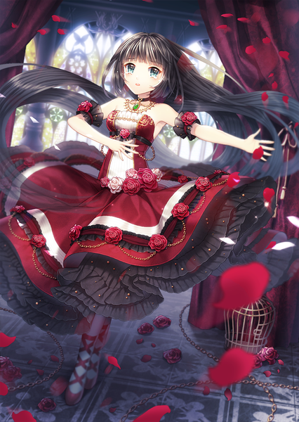 Anime picture 900x1266 with original saban single tall image looking at viewer blue eyes black hair bare shoulders very long hair tears lolita fashion girl dress flower (flowers) petals choker window rose (roses) chain cage