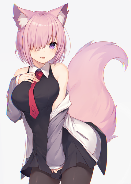 Anime picture 750x1050 with fate (series) fate/grand order mash kyrielight muryotaro single tall image looking at viewer blush fringe short hair breasts light erotic simple background large breasts purple eyes bare shoulders animal ears purple hair tail parted lips