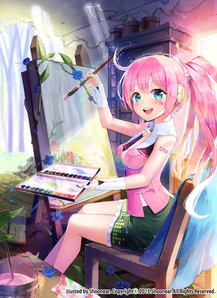 Anime picture 2192x3000 with vocaloid uni (vocaloid) shoonia single long hair tall image looking at viewer blush highres open mouth blue eyes sitting pink hair ponytail girl headphones paintbrush art brush