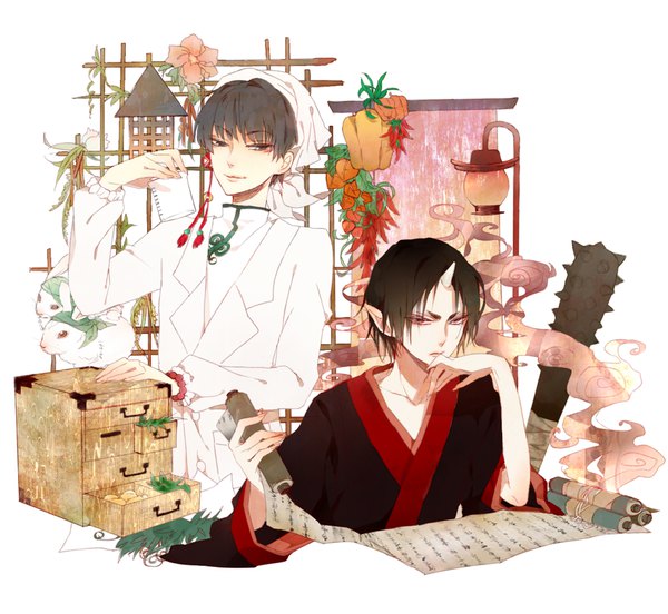 Anime picture 1000x920 with hoozuki no reitetsu wit studio hoozuki (hoozuki no reitetsu) hakutaku (hoozuki no reitetsu) shijima tohiro short hair black hair standing white background sitting traditional clothes japanese clothes horn (horns) pointy ears black eyes multiple boys chinese clothes hand to mouth oni horns boy