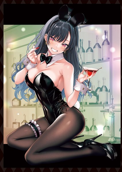 Anime picture 1359x1920 with original hario 4 single long hair tall image looking at viewer blush fringe breasts light erotic black hair smile red eyes large breasts sitting holding animal ears full body indoors tail