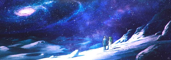 Anime picture 1500x532 with original mocha (cotton) long hair short hair wide image standing sky green hair holding hands footprints girl dress boy white dress star (stars) galaxy