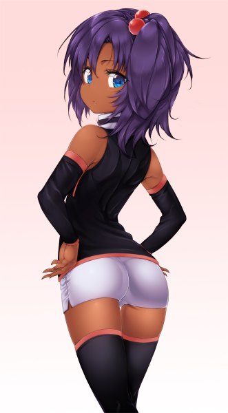 Anime picture 662x1200 with sd gundam g generation rachel ransom zizi (zz22) single tall image looking at viewer blue eyes bare shoulders purple hair looking back dark skin hands on hips girl thighhighs black thighhighs shorts short shorts white shorts