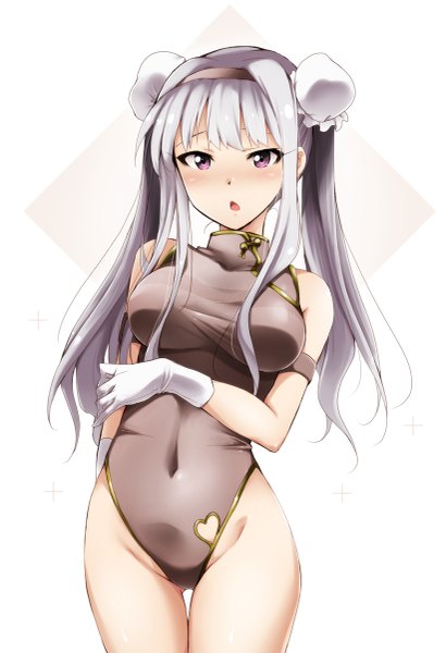 Anime picture 821x1200 with idolmaster shijou takane kaiga single long hair tall image looking at viewer blush breasts light erotic purple eyes twintails silver hair hair bun (hair buns) chinese clothes girl gloves navel white gloves hairband