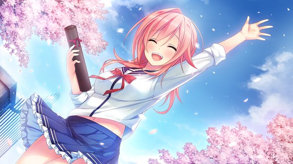 Anime picture 1280x720 with soshite hatsukoi ga imouto ni naru tanaka neneko single long hair blush fringe open mouth smile hair between eyes wide image pink hair game cg sky cloud (clouds) eyes closed arm up wind bare belly dutch angle cherry blossoms