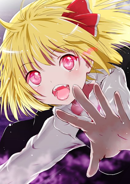 Anime picture 708x1000 with touhou rumia yamada ranga single tall image looking at viewer blush short hair open mouth blonde hair red eyes glowing spread arms glowing eye (eyes) girl bow hair bow