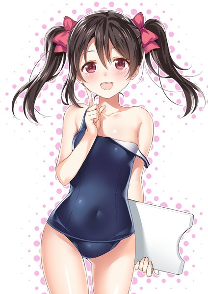 Anime picture 566x800 with love live! school idol project sunrise (studio) love live! yazawa nico kawauchi (kaz7ry) single long hair tall image looking at viewer blush open mouth light erotic black hair red eyes twintails girl bow swimsuit hair bow one-piece swimsuit