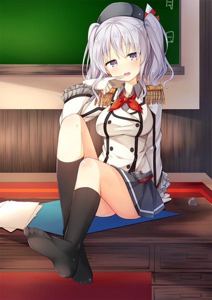 Anime picture 1000x1414 with kantai collection kashima training cruiser amemiya ruki single tall image looking at viewer blush short hair open mouth light erotic sitting twintails silver hair full body arm support no shoes finger to mouth short twintails silver eyes girl