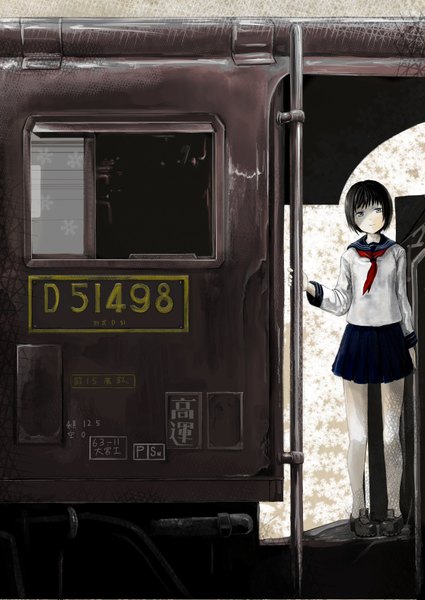 Anime picture 2508x3541 with original koruse single tall image highres short hair black hair grey eyes girl skirt miniskirt serafuku train