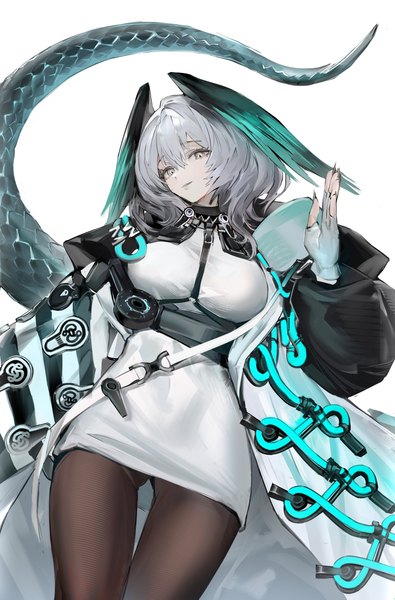 Anime-Bild 2695x4096 mit arknights ho'olheyak (arknights) koio single tall image fringe highres short hair light erotic simple background hair between eyes white background silver hair tail thigh gap turning head silver eyes head wings girl gloves