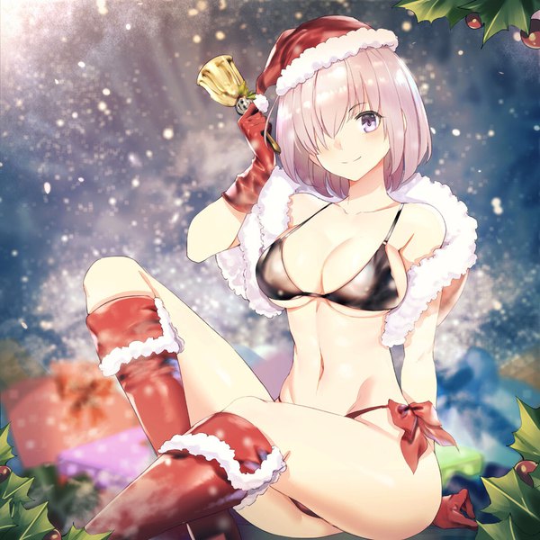 Anime picture 1071x1071 with fate (series) fate/grand order mash kyrielight teddy (khanshin) single looking at viewer blush fringe short hair breasts light erotic smile sitting purple eyes bare shoulders pink hair blurry hair over one eye off shoulder arm support
