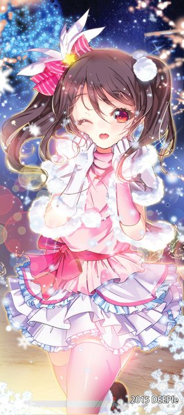 Anime picture 500x1125 with love live! school idol project sunrise (studio) love live! yazawa nico deeple single long hair tall image looking at viewer blush fringe open mouth hair between eyes red eyes brown hair twintails bent knee (knees) one eye closed wink night
