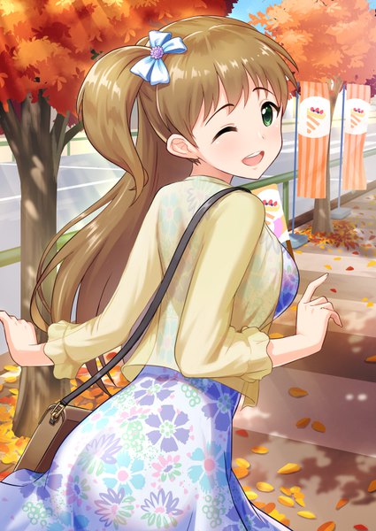 Anime-Bild 600x847 mit idolmaster idolmaster cinderella girls makihara shiho tamakaga single long hair tall image looking at viewer blush fringe breasts open mouth smile brown hair green eyes outdoors one eye closed looking back wink from behind