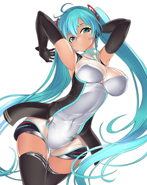 Anime picture 1024x1293 with vocaloid hatsune miku hakaba (dairiseki) single tall image breasts light erotic simple background white background twintails very long hair aqua eyes aqua hair covered navel girl thighhighs gloves black thighhighs elbow gloves bodysuit