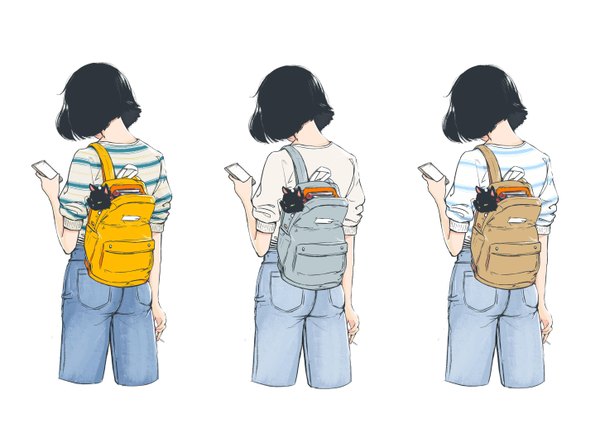 Anime picture 2898x2070 with original elliemaplefox highres short hair black hair simple background standing white background holding arm up from behind short sleeves looking down striped multiview denim girl animal book (books) pants