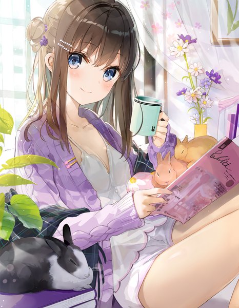 Anime picture 812x1046 with original fuumi (radial engine) single long hair tall image looking at viewer blush fringe breasts blue eyes smile hair between eyes brown hair sitting holding payot cleavage indoors long sleeves open clothes