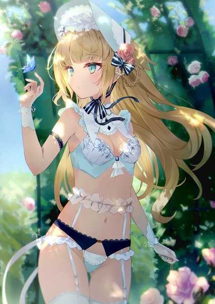 Anime picture 928x1306 with original omelet tomato single long hair tall image blush fringe breasts blue eyes light erotic blonde hair standing holding payot looking away outdoors blunt bangs braid (braids) arm up wind