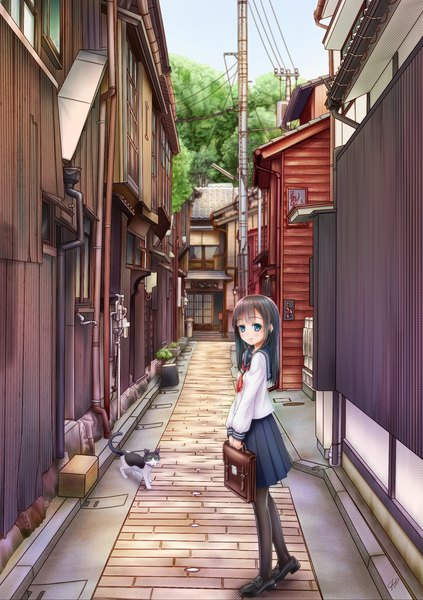 Anime picture 1748x2480 with original gotou hisashi single long hair tall image looking at viewer highres blue eyes black hair holding nature alley girl skirt plant (plants) miniskirt tree (trees) serafuku building (buildings) bell
