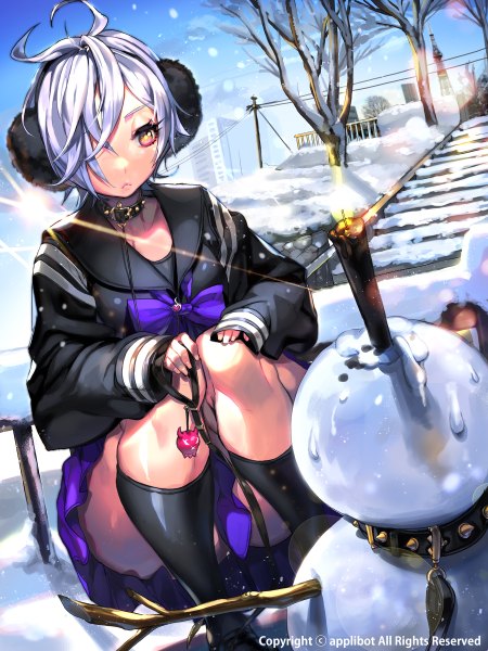 Anime picture 900x1200 with furyou michi ~gang road~ imp tall image fringe short hair sitting yellow eyes purple hair long sleeves pleated skirt sunlight hair over one eye dutch angle snowing winter snow squat sunbeam bare tree gothic