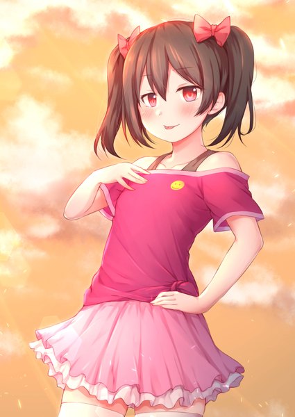 Anime picture 2508x3541 with love live! school idol project sunrise (studio) love live! yazawa nico ichiban no yagi single tall image looking at viewer blush fringe highres short hair black hair smile hair between eyes red eyes standing twintails sky cloud (clouds)