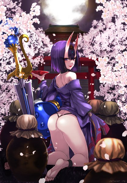 Anime picture 2050x2957 with fate (series) fate/grand order shuten douji (fate) kuroneko nero single tall image fringe highres short hair light erotic smile purple eyes bare shoulders purple hair ass horn (horns) off shoulder kneeling cherry blossoms oni horns