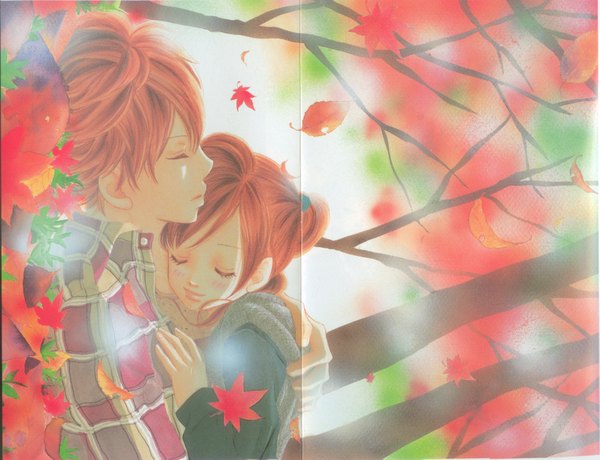 Anime picture 4343x3333 with bokura ga ita motoharu yano nanami takahashi yuuki obata blush highres short hair smile brown hair absurdres lying eyes closed profile scan couple hug girl boy plant (plants) tree (trees)