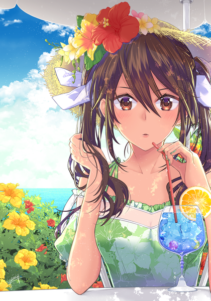 Anime picture 1678x2398 with kantai collection tone heavy cruiser yami (m31) single long hair tall image looking at viewer blush fringe breasts hair between eyes brown hair twintails bare shoulders holding brown eyes signed payot sky cleavage