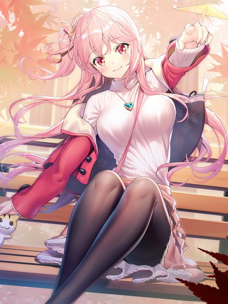 Anime picture 900x1200 with original emily stock ririko (zhuoyandesailaer) single long hair tall image looking at viewer blush fringe breasts light erotic smile hair between eyes red eyes sitting payot pink hair outdoors head tilt off shoulder