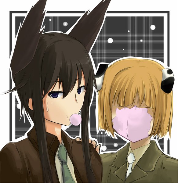 Anime picture 1091x1122 with strike witches dominica s gentile jane t godfrey bokunoryuugi long hair tall image short hair blue eyes black hair blonde hair multiple girls animal ears girl uniform 2 girls necktie jacket military uniform bubblegum