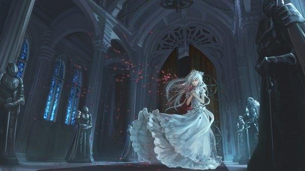 Anime picture 1743x981 with original ks single long hair highres wide image white hair indoors eyes closed wind from below hand on chest hands clasped architecture knight girl dress flower (flowers) petals window