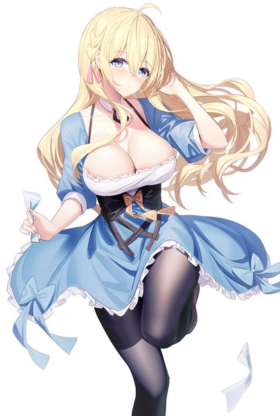 Anime picture 900x1335 with original saegusa futaba ririko (zhuoyandesailaer) single long hair tall image looking at viewer blush fringe breasts blue eyes light erotic simple background blonde hair hair between eyes large breasts standing white background holding cleavage