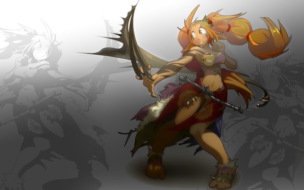 Anime picture 1440x900 with wakfu single long hair blush open mouth wide image twintails bare shoulders yellow eyes pointy ears orange hair tattoo girl navel weapon