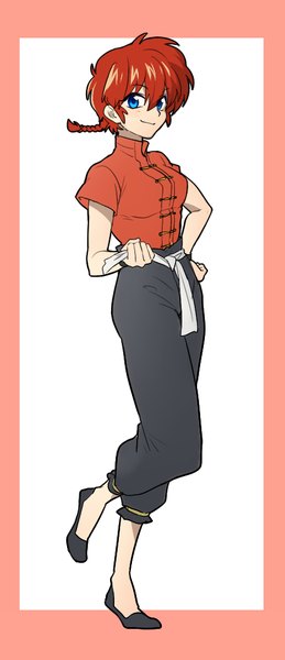 Anime picture 451x1042 with ranma 1/2 saotome ranma saotome ranma (girl) kuwa ayase single tall image looking at viewer fringe short hair blue eyes simple background smile hair between eyes standing white background full body red hair braid (braids) traditional clothes hand on hip