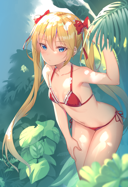 Anime picture 1460x2122 with original alexmaster single long hair tall image looking at viewer blush fringe breasts blue eyes light erotic blonde hair hair between eyes standing twintails payot outdoors arm up leaning leaning forward