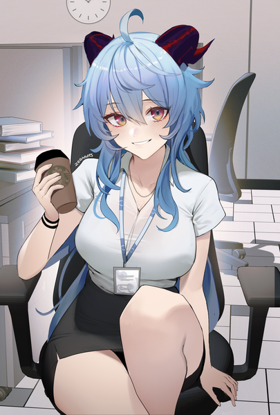 Anime picture 2410x3572 with genshin impact starbucks ganyu (genshin impact) zeragoes single long hair tall image looking at viewer fringe highres breasts light erotic smile hair between eyes red eyes large breasts sitting holding signed blue hair