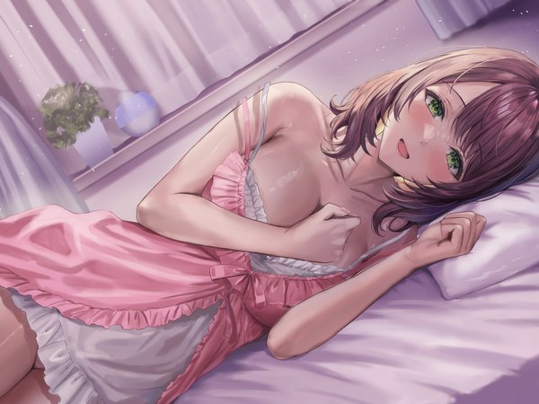 Anime picture 2400x1800 with original sakamuke single long hair looking at viewer blush fringe highres breasts open mouth light erotic smile brown hair large breasts green eyes indoors lying blunt bangs :d shiny skin