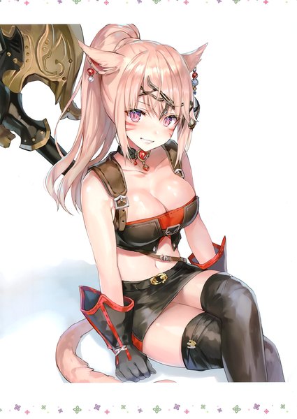 Anime picture 2093x2952 with final fantasy final fantasy xiv square enix miqo'te momoko (momopoco) single long hair tall image looking at viewer highres breasts light erotic simple background blonde hair smile large breasts white background sitting animal ears payot