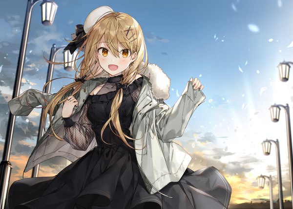Anime picture 1500x1073 with original shirako miso single long hair looking at viewer blush fringe open mouth blonde hair hair between eyes standing twintails yellow eyes sky cloud (clouds) outdoors long sleeves :d wind open jacket