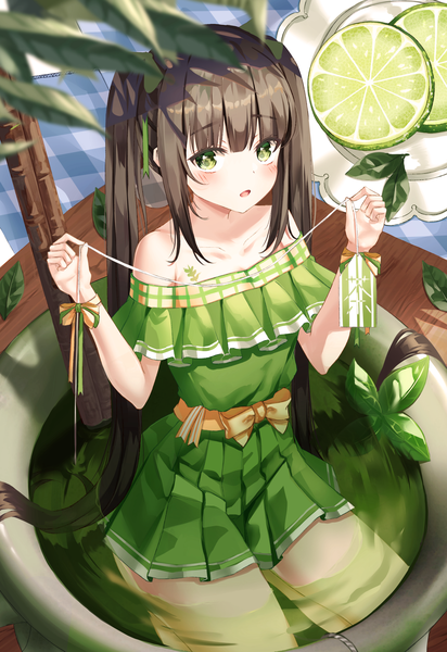 Anime picture 2402x3500 with original ruda (ruda e) single tall image looking at viewer blush fringe highres open mouth brown hair sitting twintails bare shoulders holding green eyes payot blunt bangs very long hair blurry off shoulder