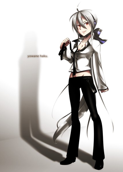 Anime picture 1295x1812 with vocaloid yowane haku caffein single long hair tall image simple background red eyes grey hair inscription girl pants