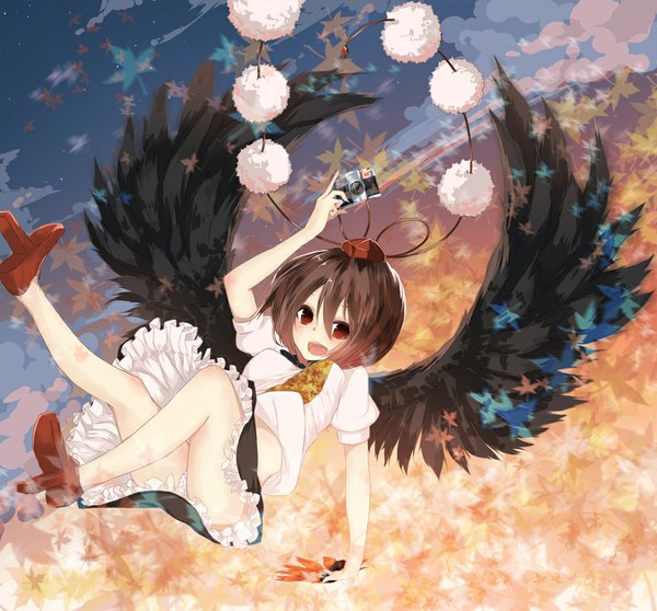 Anime picture 1000x930 with touhou shameimaru aya la-na single looking at viewer short hair open mouth light erotic brown hair brown eyes sky cloud (clouds) pantyshot girl dress underwear panties wings leaf (leaves) pom pom (clothes)