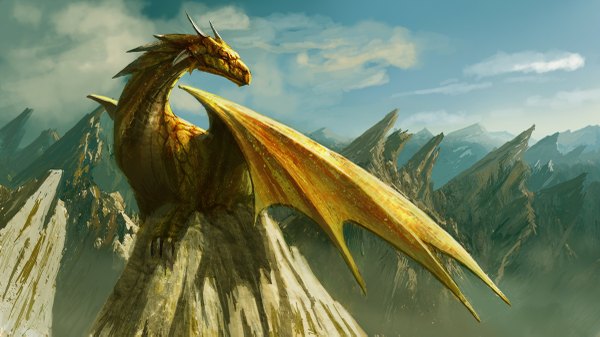 Anime picture 1200x675 with edli (artist) wide image sky cloud (clouds) mountain rock dragon